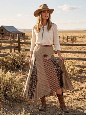 New: Young Threads Boho Patchwork Maxi Skirt in Neutral Multi• Medium